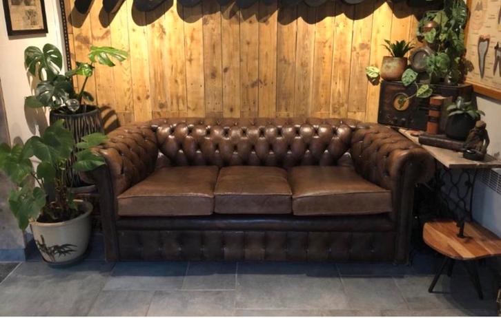 Chesterfield kalfsleder, Maison & Meubles, Fauteuils, Comme neuf, Cuir, 125 cm ou plus, 75 à 100 cm, Enlèvement