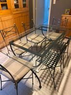 Donkergroene metalen eettafel met glazen blad en 6 stoelen, Huis en Inrichting, Ophalen, 50 tot 100 cm, Zo goed als nieuw, Vijf personen of meer
