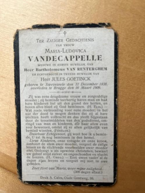 Rouwkaart M.Vandecappelle  Zwevezele 1838 + Brugge 1909, Verzamelen, Bidprentjes en Rouwkaarten, Rouwkaart, Verzenden