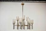 XL Vintage Kroonluchter Chroom + 12 Glazen Kapjes, Huis en Inrichting, Ophalen, Gebruikt, Glas, Mid-Century Modern