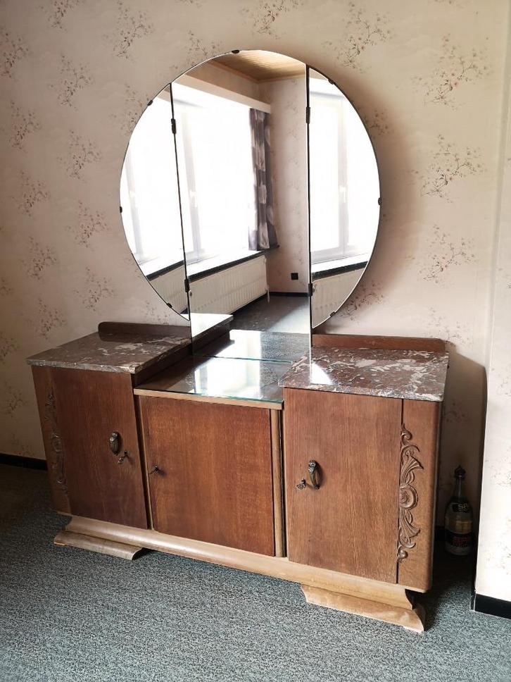Antieke kaptafel met spiegeldeuren, Art deco stijl, Huis en Inrichting, Tafels | Kaptafels, Gebruikt, 150 tot 200 cm, 100 tot 150 cm