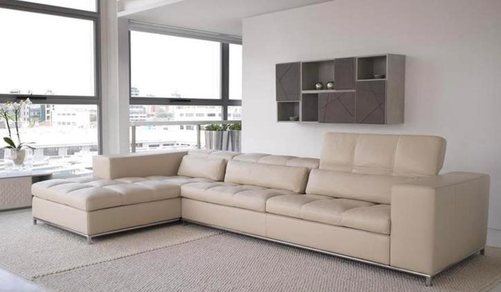 Design hoeksofa leder crème, Huis en Inrichting, Zetels | Zetels, Gebruikt, Hoekbank, Vierpersoons of meer, 300 cm of meer, 75 tot 100 cm