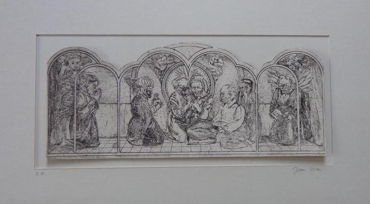 JOAN NICA / AANBIDDING DER HERDERS / ZW-W ETS / 50x40cm SIG, Antiek en Kunst, Kunst | Etsen en Gravures, Ophalen of Verzenden