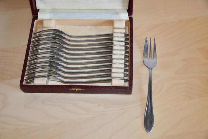 12 vintage massief inox dessertvorkjes, Antiquités & Art, Antiquités | Couverts, Enlèvement ou Envoi