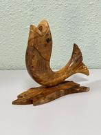 Vintage rustiek Handgesneden hout beeld van vis op standaard, Ophalen of Verzenden