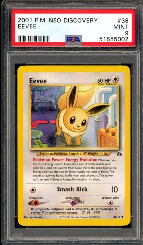 Eevee PSA 9 - 38/75 - Neo Discovery 2001, Hobby en Vrije tijd, Verzamelkaartspellen | Pokémon, Zo goed als nieuw, Losse kaart