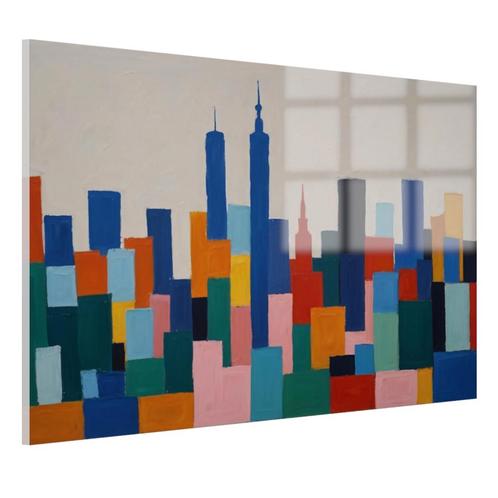 Kleurrijke skyline Glasschilderij 105x70cm + Ophangsysteem, Antiek en Kunst, Kunst | Schilderijen | Abstract, Verzenden