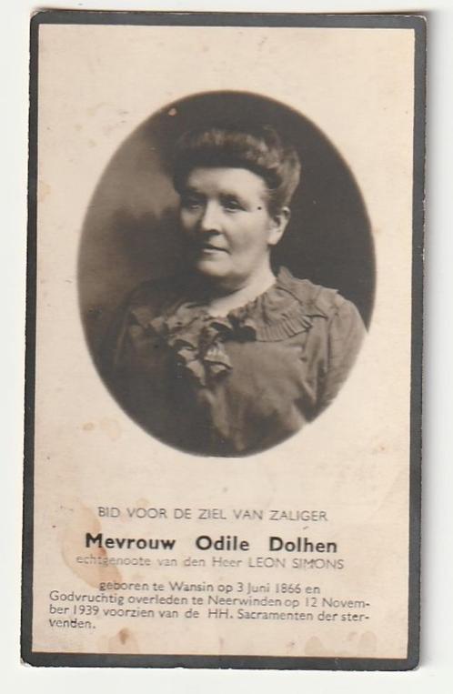 Odile DOLHEN Simons Wansin 1866 Neerwinden 1939 (foto), Verzamelen, Bidprentjes en Rouwkaarten, Bidprentje, Verzenden