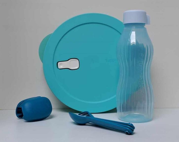 Tupperware™ « Crystalwave » Bord + Fles + Bestek, Huis en Inrichting, Keuken | Tupperware, Nieuw, Bus of Trommel, Blauw, Verzenden