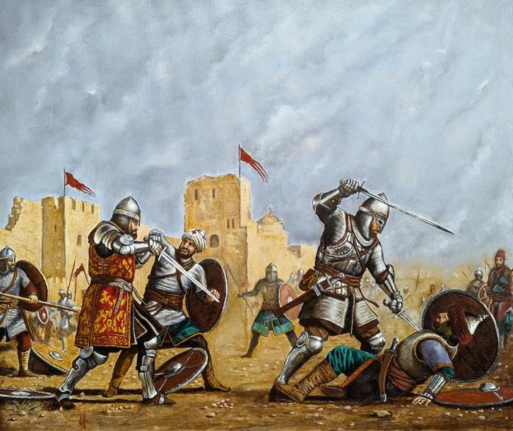 "De aanval afweren" Historische scène, Antiek en Kunst, Kunst | Schilderijen | Modern, Verzenden