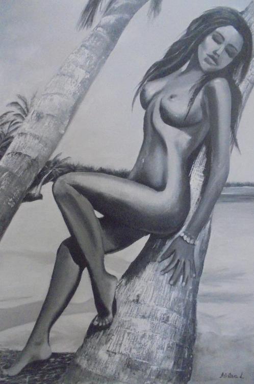groot olieschilderij My Palm Tree (75x115 cm), Antiek en Kunst, Kunst | Schilderijen | Klassiek, Ophalen of Verzenden