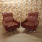 2x vintage fauteuils lounge chairs skai cognac, Leer, Ophalen of Verzenden, Zo goed als nieuw