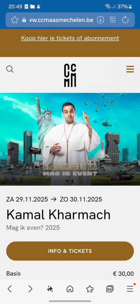 2 kaartjes Kamal kharmach 30 nov. 20:15 maasmechelen, Tickets en Kaartjes, Evenementen en Festivals, Twee personen