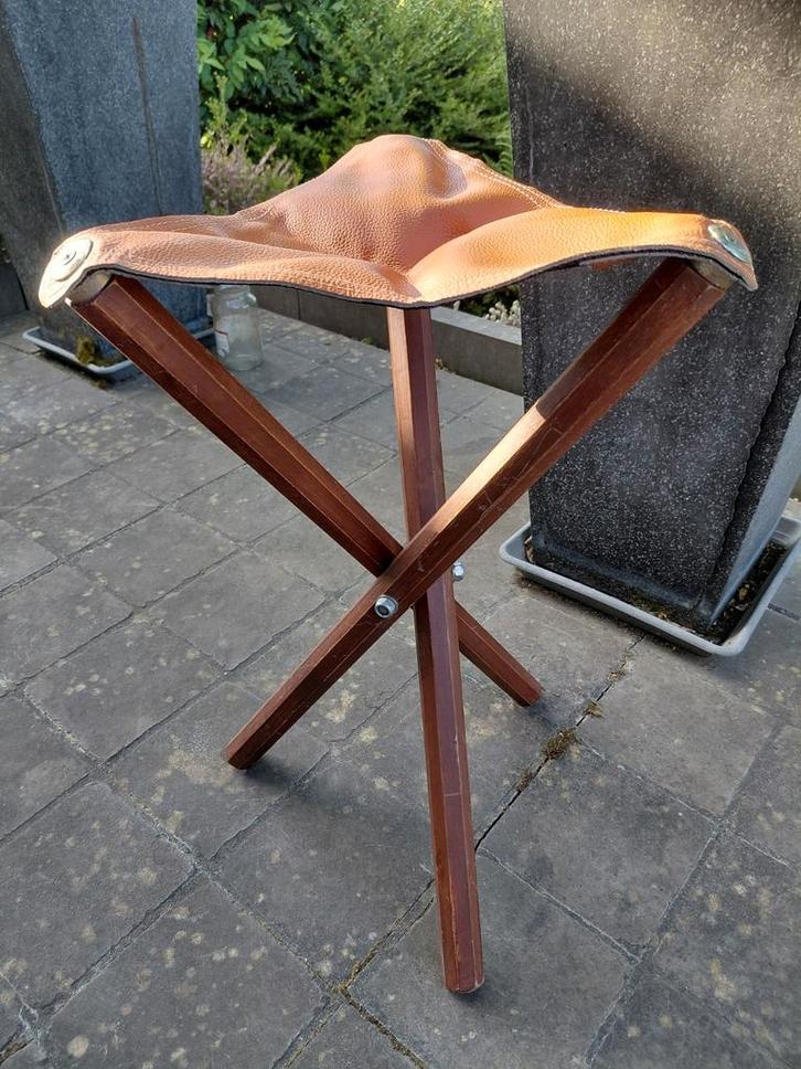 Houten  3-poots vouwstoel/krukje met lederen zitje, Antiek en Kunst, Curiosa en Brocante, Ophalen of Verzenden