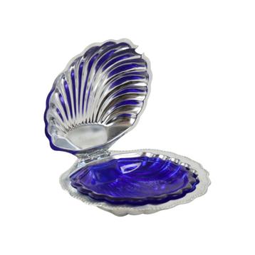 Schelp Boterschaal Kaviaar Houder Chroom Blauw Glas Vintage