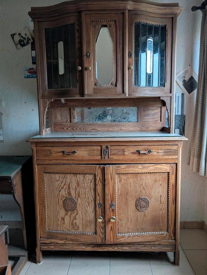 Antieken buffetkastje + afneembare bovenkast met spiegels., Antiek en Kunst, Antiek | Meubels | Kasten, Ophalen