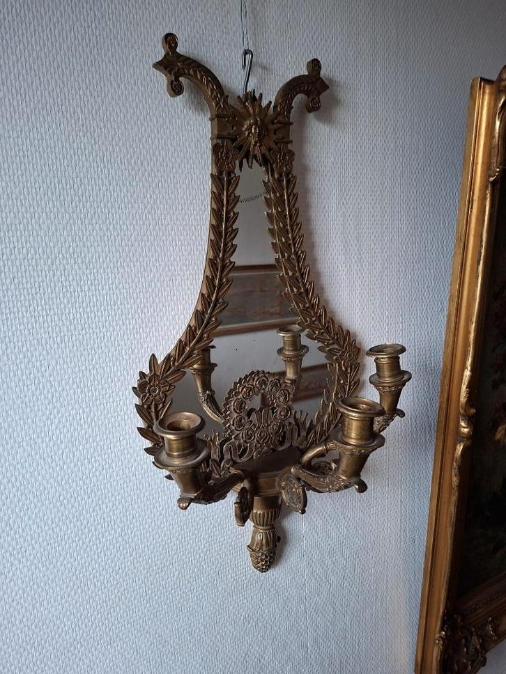 Wandkandelaar met spiegel, Empire stijl, messing brons, 1900, Antiek en Kunst, Antiek | Spiegels, Minder dan 50 cm, Minder dan 100 cm