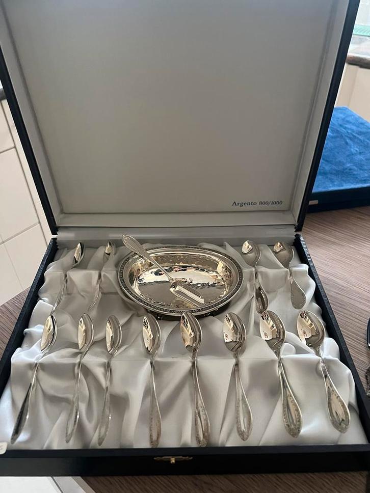 Koffie lepeltjes 12 stuk set + zuikerkom in zilver 800 nieuw, Antiek en Kunst, Antiek | Zilver en Goud, Zilver, Ophalen of Verzenden