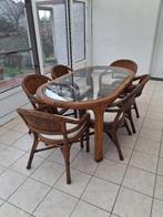 Glazen tafel rotan met 6 stoelen, Huis en Inrichting, Ophalen, Gebruikt
