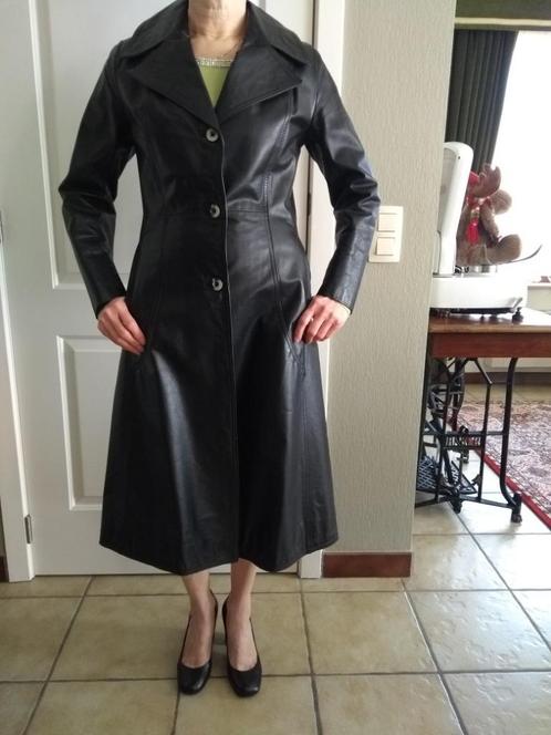 Lange zwarte lederen damesjas - Vintage -, Kleding | Dames, Jassen | Zomer, Gedragen, Maat 36 (S), Zwart, Ophalen