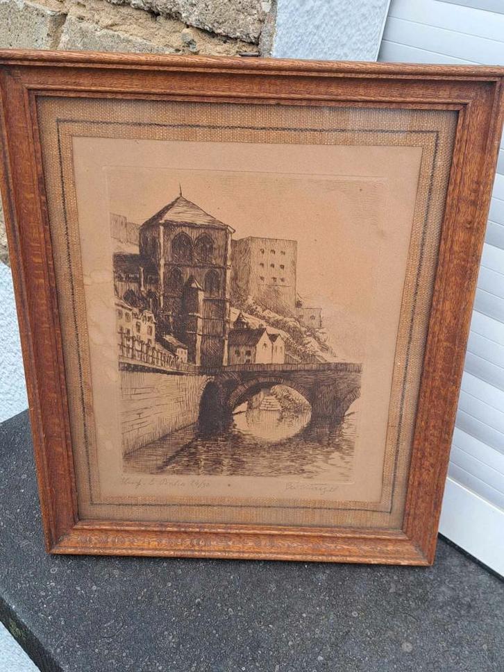 gravure huy le pont signe geo warzee, Antiek en Kunst, Kunst | Etsen en Gravures, Ophalen of Verzenden