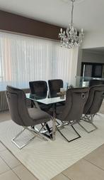 Luxe Eetkamer Set – 6 Fluwelen Stoelen + Glazen Tafel, Ophalen, Zo goed als nieuw