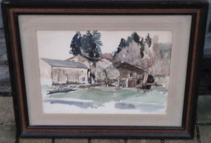 Aquarelle fermette signe Armand apol, Antiek en Kunst, Kunst | Schilderijen | Klassiek, Ophalen of Verzenden