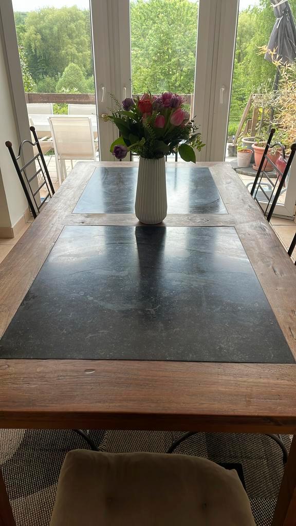 Table en teck et pierres bleues 2m x 1m x 76 cm, Huis en Inrichting, Tafels | Eettafels, Gebruikt, 100 tot 150 cm, 150 tot 200 cm