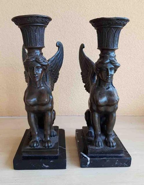 Art Nouveau bronzen koppel Sfinxen - genummerd - gietstempel, Antiek en Kunst, Kunst | Beelden en Houtsnijwerken, Verzenden