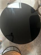 Zwarte glazen salontafel met zilvere onderkant., Huis en Inrichting, Tafels | Salontafels, Gebruikt, 50 tot 100 cm, Rond, Glas