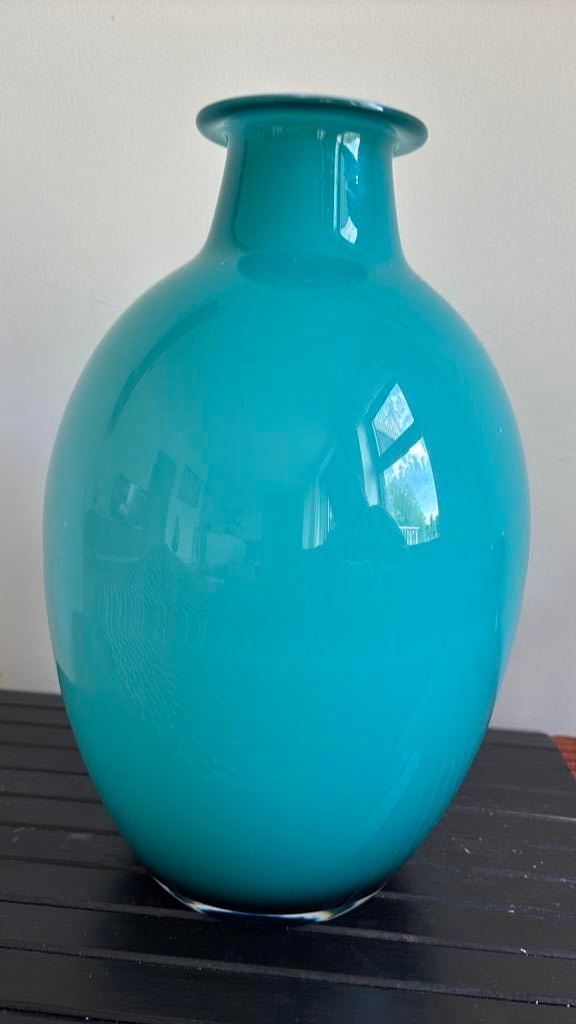 Turkoois mondgeblazen vaas/stijl Villeroy (tiko)/Rosenthal, Huis en Inrichting, Ophalen, Zo goed als nieuw, Blauw, Glas