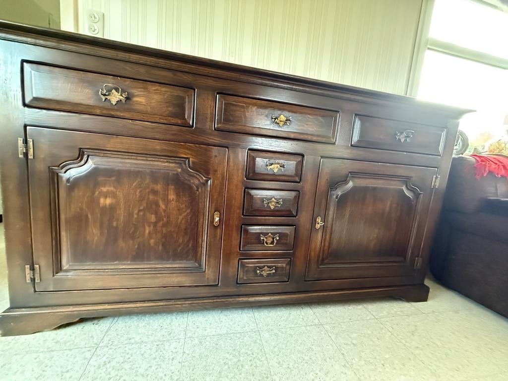 Donker eikenhout eetplaats - eettafel met 6 stoelen, Enlèvement, Comme neuf, Chêne