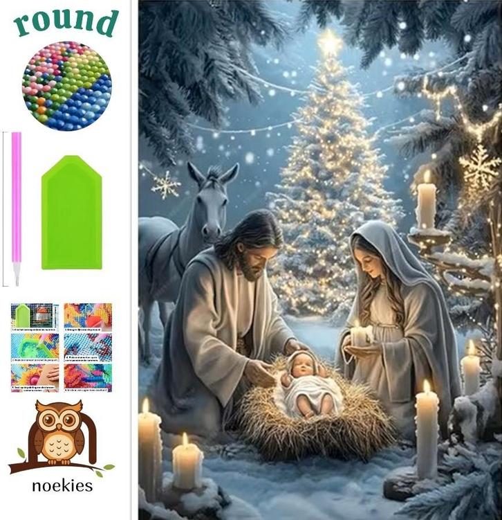 nr 91 Diamond Painting kerst stal 50x40cm (rond), Hobby en Vrije tijd, Knutselen, Nieuw, Knutselwerk, Verzenden