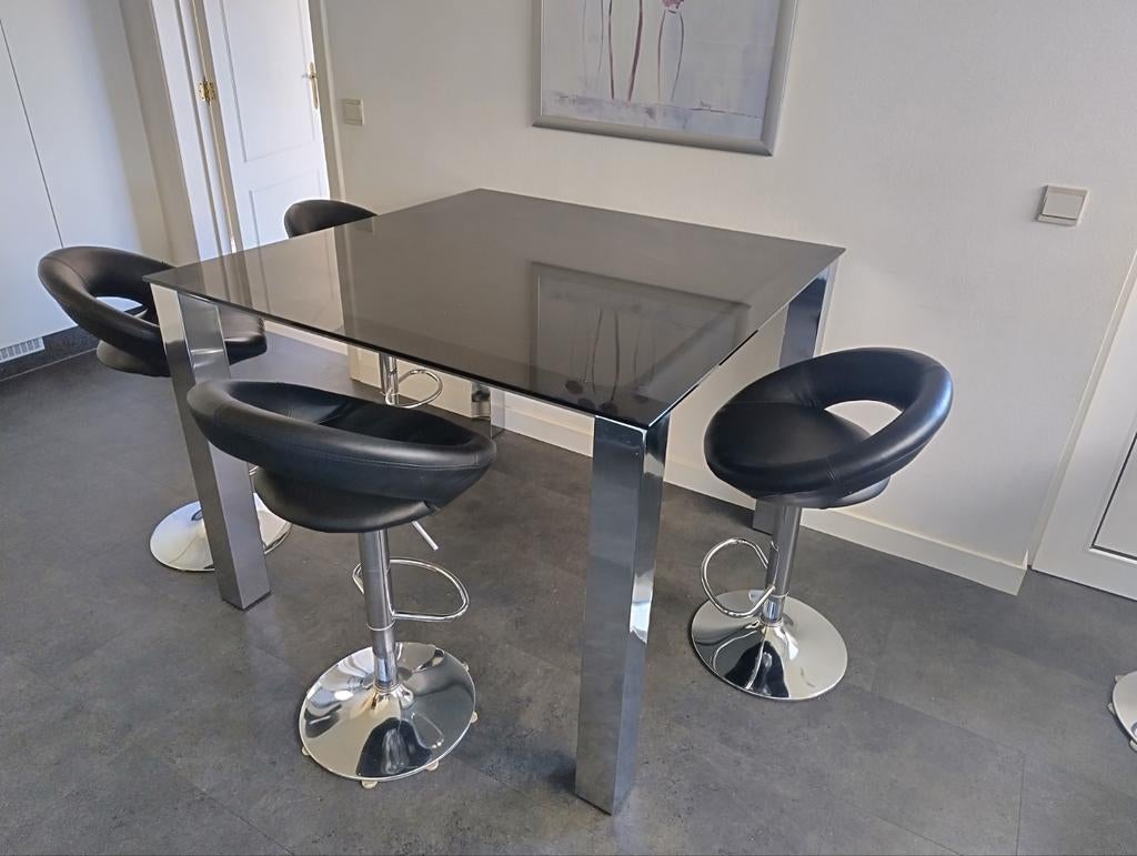 Glazen eettafel 120x120cm met barkrukken, Ophalen