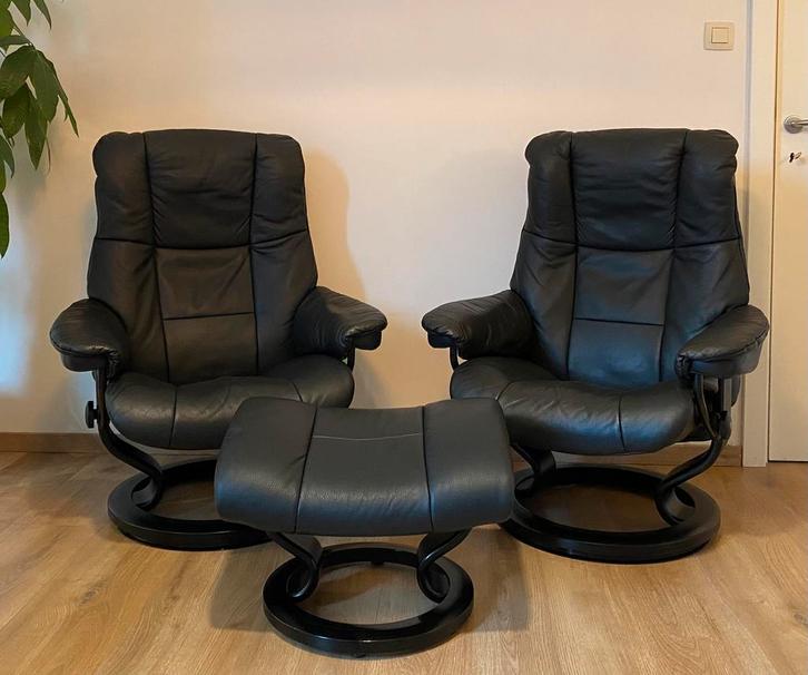 2 fauteuils inclinables Stressless et 1 tabouret, Maison & Meubles, Fauteuils, Bois, Cuir, Enlèvement ou Envoi