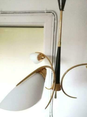 Lustre stilnovo Doré laiton 3 feux 1950 Gold, Maison & Meubles, Lampes | Lustres, Utilisé, Verre, Métal, Enlèvement