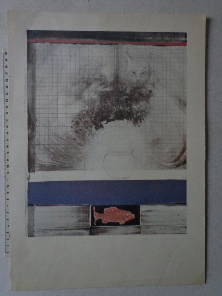 litho van Paul De Cocker "Kat en vis", Antiquités & Art, Art | Lithographies & Sérigraphies, Enlèvement ou Envoi