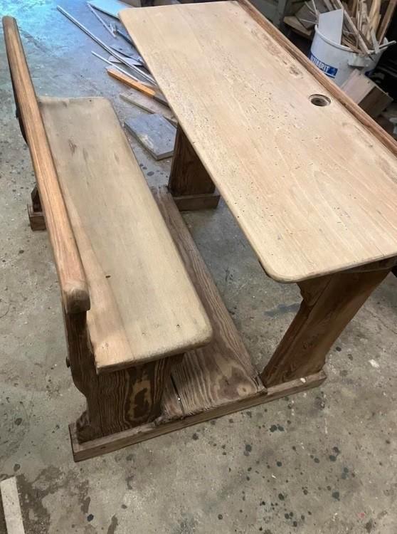 Schoolbank, vintage, antiek, mooie patina!, Antiquités & Art, Antiquités | Meubles | Tables, Enlèvement