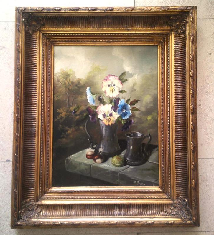 Magisch Stilleven met viooltjes - Theo Swaga (1942-1996), Antiek en Kunst, Kunst | Schilderijen | Klassiek, Ophalen of Verzenden