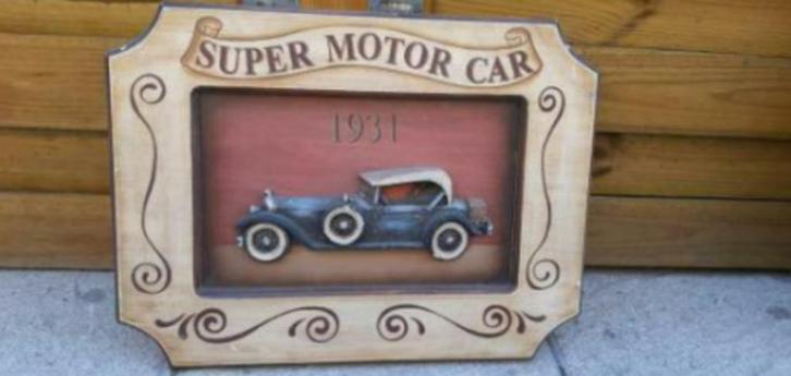 Houten pubbord in reliëf / 3D met oldtimer, Antiek en Kunst, Curiosa en Brocante, Ophalen of Verzenden