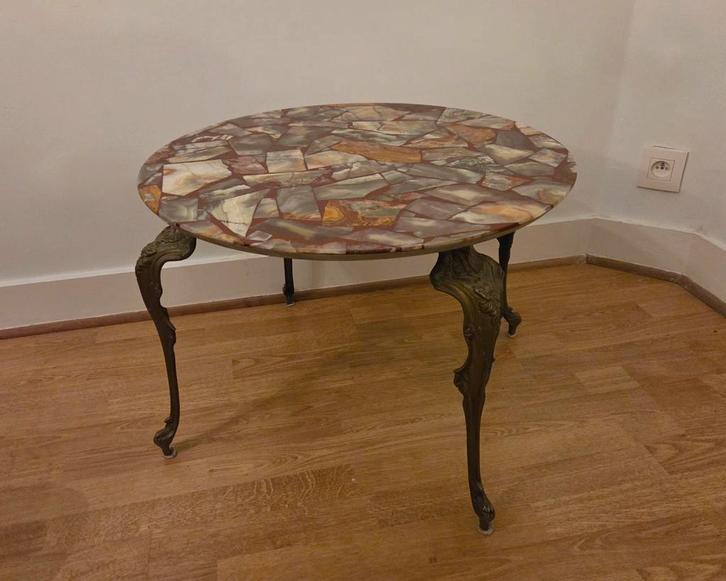Ronde salontafel - Ø 61cm, H: 42cm, marmer, onyx, vintage, Huis en Inrichting, Tafels | Bijzettafels, Gebruikt, Ophalen