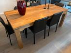 Table à manger en teck + 6 chaises en cuir, Maison & Meubles, Comme neuf, 100 à 150 cm, Rectangulaire, Teck