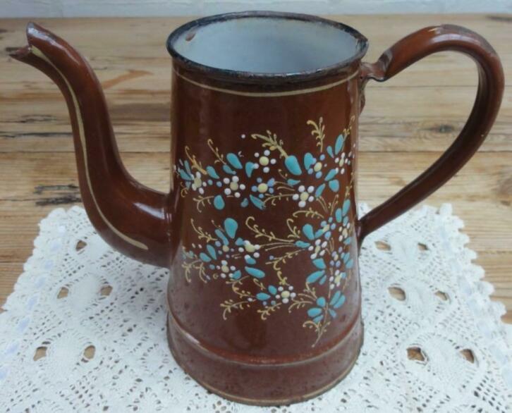 SALE Oude Franse doorleefde brocante emaille koffiepot, Antiquités & Art, Curiosités & Brocante, Enlèvement ou Envoi