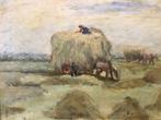 vintage ,olieverf schilderij , boer met paard  hooien 1951., Antiek en Kunst, Ophalen of Verzenden
