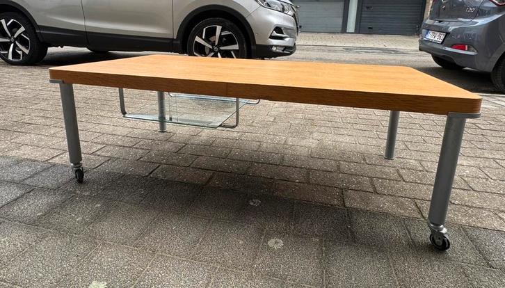 Woonkamertafel van hout en metaal, Huis en Inrichting, Tafels | Eettafels, Gebruikt, 50 tot 100 cm, 100 tot 150 cm, Rechthoekig