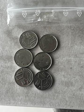 6x Belgische 1 frank munten (Boudewijn I – jaren ‘80-‘90) beschikbaar voor biedingen