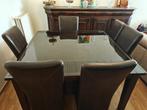 Grote eettafel met glazen blad en 6 lederen stoelen, Ophalen, Gebruikt, 150 tot 200 cm, Vierkant