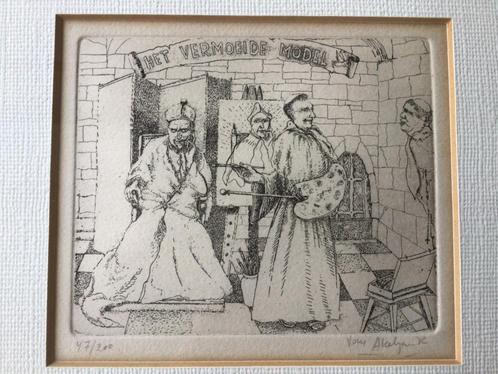 Originele Ets: Het vermoeid model - Roger Van Akelyen, Antiek en Kunst, Kunst | Etsen en Gravures, Ophalen of Verzenden