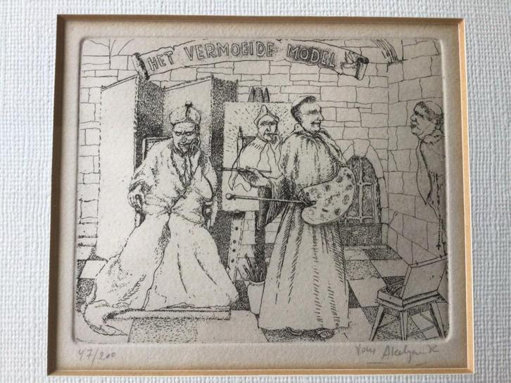 Originele Ets: Het vermoeid model - Roger Van Akelyen, Antiek en Kunst, Kunst | Etsen en Gravures, Ophalen of Verzenden