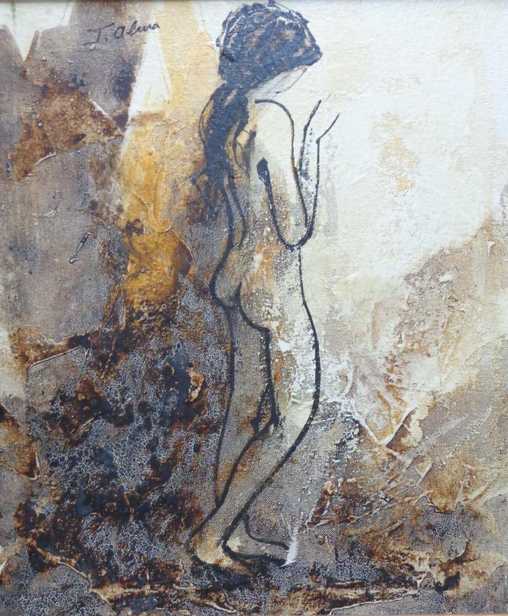 J. ABURA / NAAKTE JONGE VROUW / OLIEVERF KARTON / 47x40cm, Antiek en Kunst, Kunst | Schilderijen | Modern, Ophalen of Verzenden